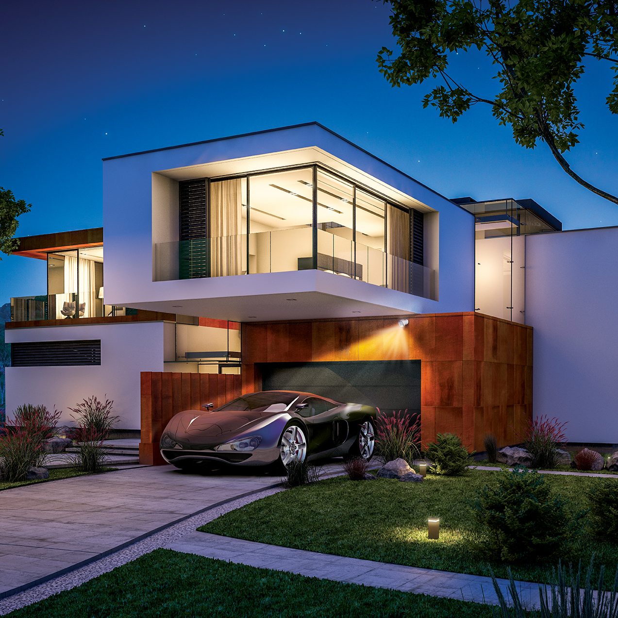 3d rendering of modern cozy house by the river at night