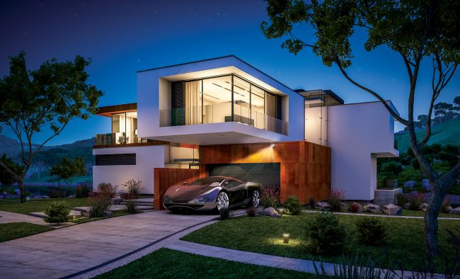 3d rendering of modern cozy house by the river at night